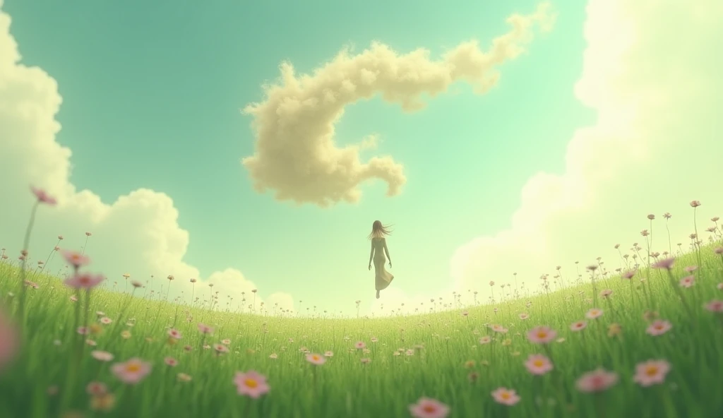 In 3D animation illustration style. This dust carried him to a field, which was called the field of whispers. The flowers here spoke in slow voices