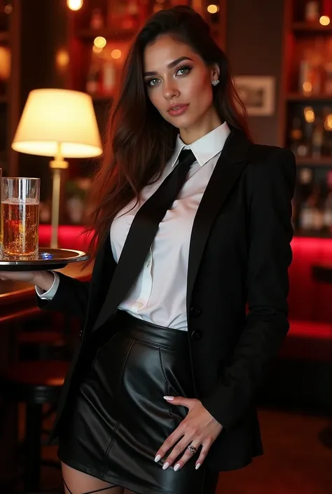 White woman with long wavy brown hair and expressive green eyes with bold and athletic style wearing a black suit and white blouse and a black tie and a mini black pencil leather skirt and a transparent black garter feel holding a tray with drinks at a BDS...