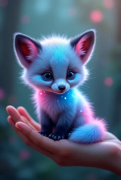 "A tiny fox cub with glowing blue and pink

fur, sitting on a human hand. The fox has bright, curious eyes and an adorable expression, with soft light reflecting off its shimmering fur. The background is blurred with a magical forest-like ambiance, creatin...