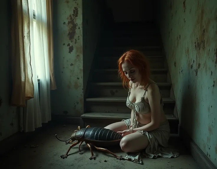 dark, dilapidated and moldy house from the 1920s, moisture, dust, tattered wallpaper, mold, old curtains with holes, a woman, 50 years old, messy red hair, wide hips, sagging breasts, used and dirty bygone torn pajamas from the 1920's, hidding under stairs...