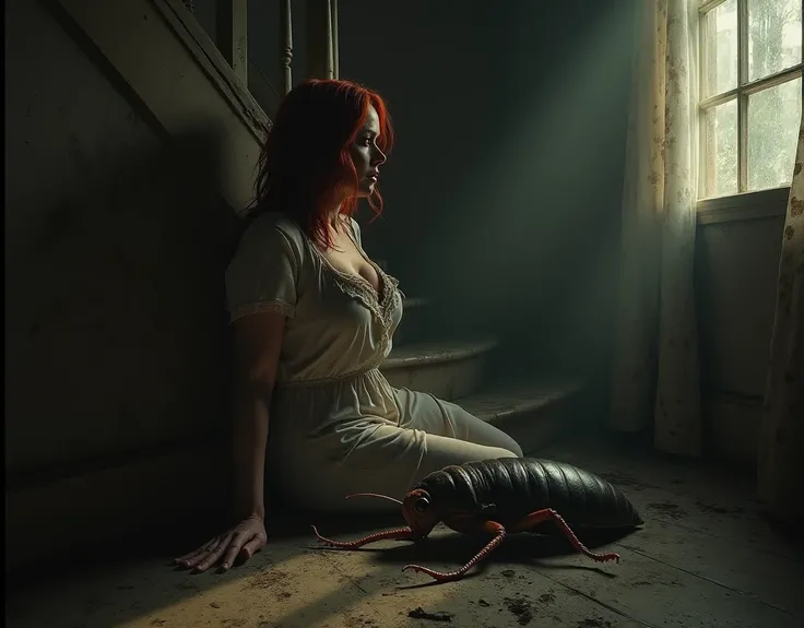 dark, dilapidated and moldy house from the 1920s, moisture, dust, tattered wallpaper, mold, old curtains with holes, a woman, 50 years old, messy red hair, wide hips, sagging breasts, used and dirty bygone torn pajamas from the 1920's, hidding under stairs...