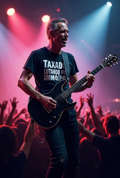 A hyper-realistic digital painting of Fernando Haddad as a rock guitarist, performing on stage at a live concert. He is wearing a black T-shirt with the words 'Taxado, Lutando pelo Imposto' in bold white letters. His expression is intense and passionate as...