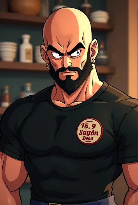 Create a Dragon Ball Z cartoon style image
Of a bald waiter with a beard and an earring 
With the black shirt embroidered on the chest with the inscription Don Peppe who carries 5 plates and is being transformed into a super sayan