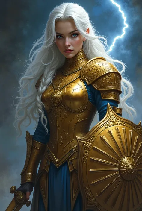  Sylphara Dawnblade is a determined woman of strong posture and .  His shimmering armor of gold metal plates has heavenly runes engraved on his chest,  recalling lightning in a dark sky ,  symbolizing her oath . her long white hair,  tied in a simple braid...