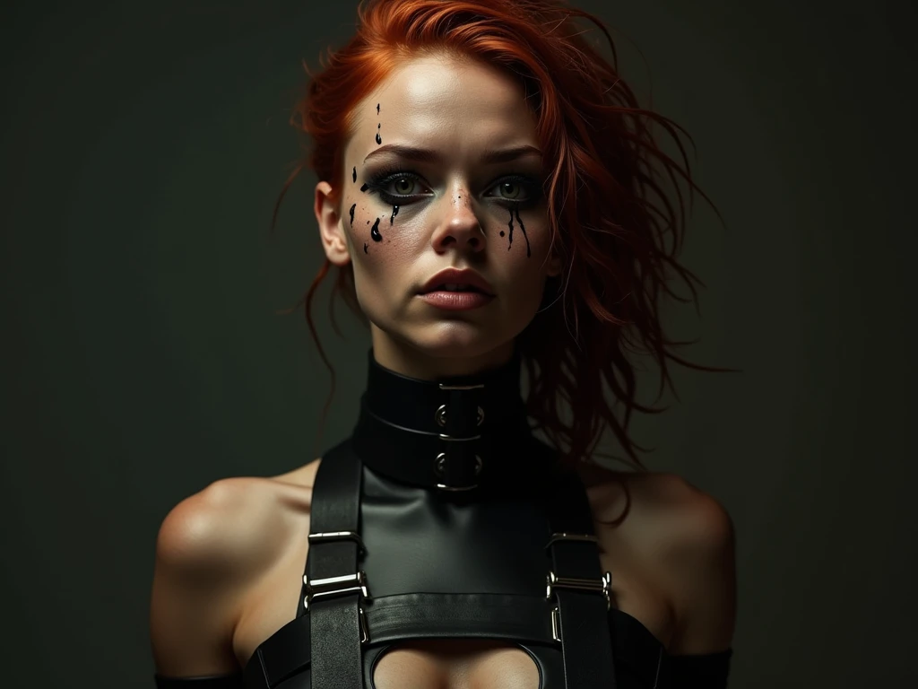 beautiful african girl, skinny body, very pronounced freckles,  red hair, (locked in restraining device, metal restraints, unable to move, completely immobilized by metal restraints, heavy bondage, metal device bondage, girl locked in place by thick metal ...