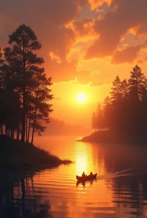 "Design a sunset river landscape in 4K, with the golden and orange hues of the sky reflecting off the calm waters. Include silhouettes of tall trees lining the bank and a small canoe gliding through the tranquil scene."