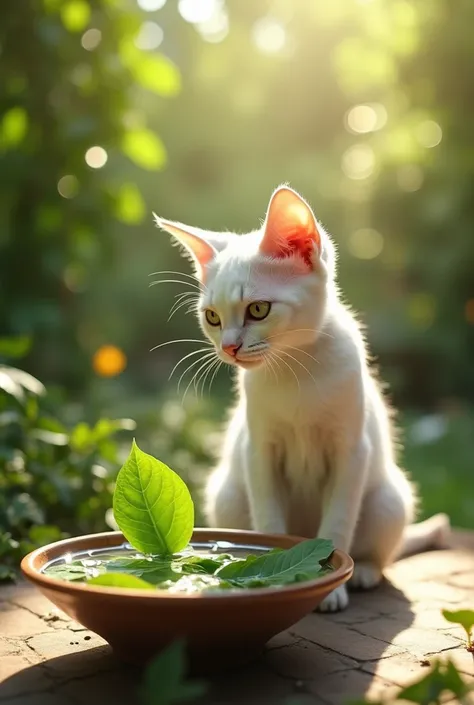 A slim white cat sits in a sunlit garden, watching a small bowl filled with floating green leaves. The leaves gently swirl in water, creating tiny ripples. A soft breeze causes the cat’s fur to ruffle slightly as it gazes at the delicate movement. The back...