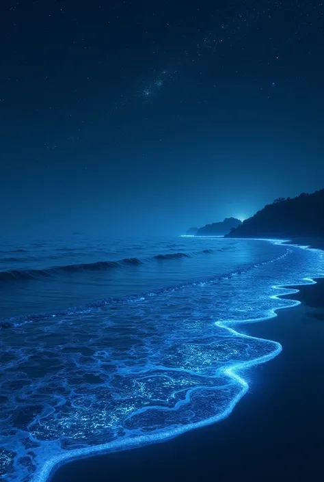 Create an ethereal bioluminescent ocean scene in 4K, with glowing blue waves washing onto a quiet, dark beach under a star-filled night sky. Add faint silhouettes of distant islands for depth."