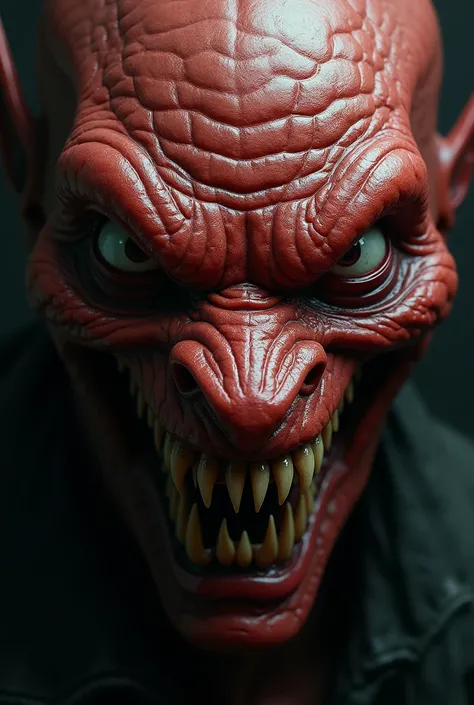 real red thin devil face sneaky smiling tongue out snake eyes scary looking into the camera