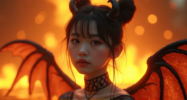  quality, 8k, HD,    In the background a sea of flames   ,   Very pretty young 20-year-old Korean demon  ,  heart-shaped face  , symmetrical bun, with two horns,   two large wings on the back ,  hair accessories,  jewelry, delicate face,  smoky eyes, Wise ...