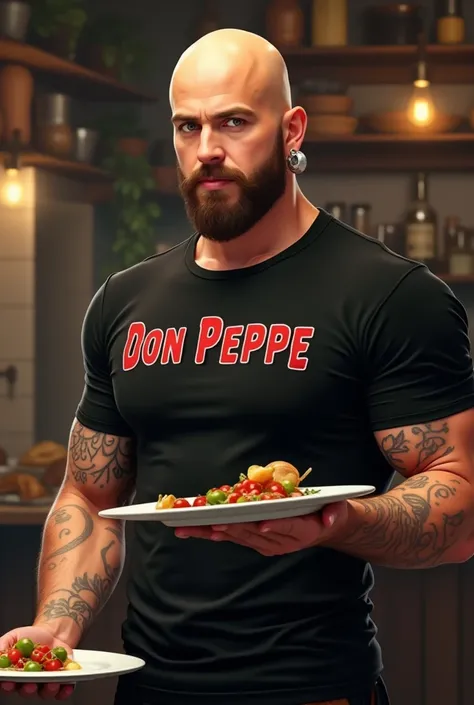 Create a Dragon Ball Z style image 
Of a bald waiter with a beard and an earring 
With the black shirt embroidered on the chest with the inscription Don Peppe who is turning into a super sayan with plates in his hand 