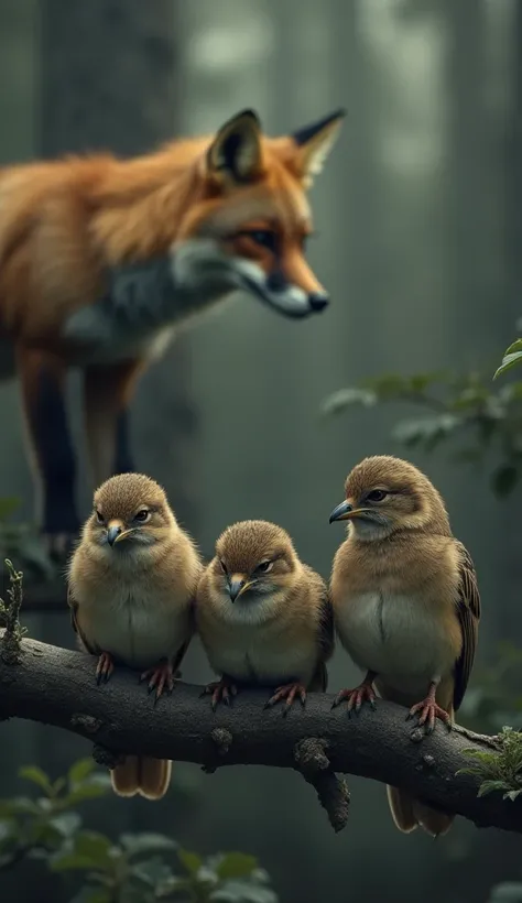 The sparrows sit despondently on a nearby branch, their heads lowered in sadness. A clever fox approaches, watching them with a knowing expression.