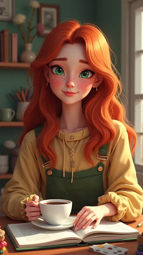 
"Luna Valentini , a 23-year-old girl with long red hair and slightly wavy,  freckles that adorn your cheeks and nose ,  and Bright Green Eyes,  is seated in a cozy and organized environment .

in the image,  Luna has an open planner in front of her ,  ove...