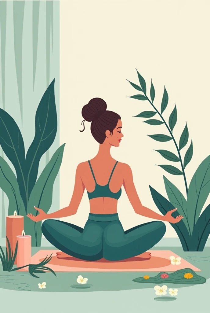 " An illustration of a woman in a moment of self-care ,  such as meditation or skin care ,  symbolizing the balance between training and attention to personal well-being .  She may be in a tranquil environment ,  like a garden or indoors ,  in a relaxed an...