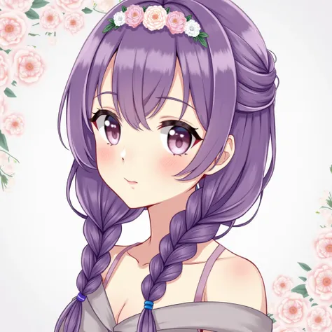 Anime Style, Character portrait, Florist,Braid, Purple Hair, 