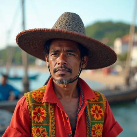 A 20-year-old person in the foreground of Veracruz, Mexico, As a traditional Veracruz Mexican craftsman. The person must be dressed in traditional clothing or appropriate to their work, with bright colors and clothes that they knit themselves..  The backgr...