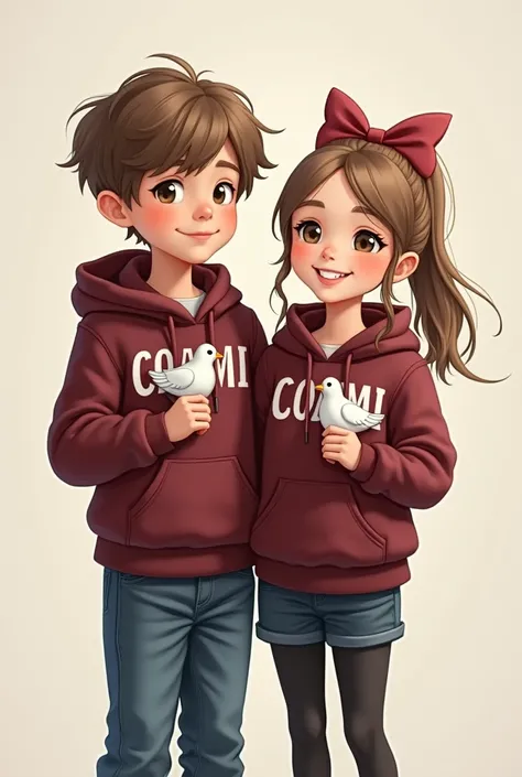 Image with a boy and a girl wearing a bow .  The boy wears jeans and the girl wears black tights .  The two are wearing a maroon hoodie with white letters on the front that say COAMI,  and each one carries a dove of peace in their hand 