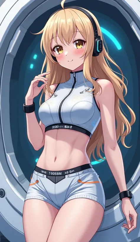 Detailed anime illustration, pixiv style,anime love-live style, zero gravity space. Woman dressed in white spaceship high-tech capsule, cold sleep device. Japanese woman, blonde long hair, blush,shy,wearing futuristic underwear with biosensors and circuit ...