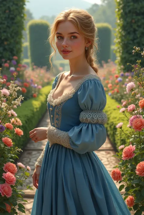 Young woman in a flower garden ,  aie has strawberry blonde hair and brown eyes and freckles. She is wearing a blue dress from Renecance .