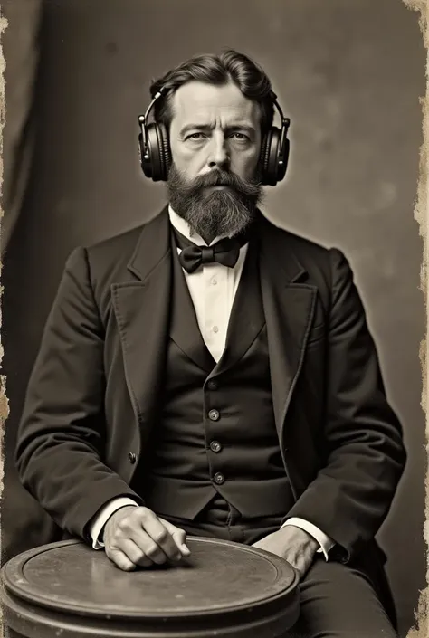 Central European nineteenth-century gentleman wearing nineteenth-century clothes has studio headphones on his head, sitting at an old turntable from the nineteenth century, style of an old nineteenth-century photograph , black to sepia monochrome photo ful...