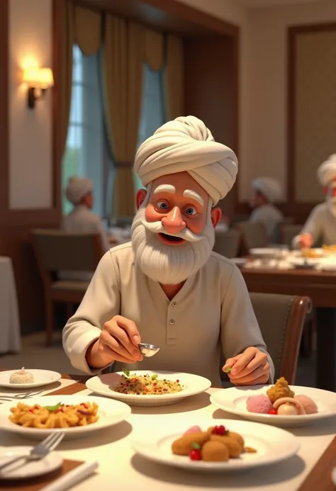 This image features a 3D animated depiction of an elderly man with a white beard and mustache, wearing a traditional turban and simple clothing. He is sitting at a dining table inside a well-lit and clean restaurant, resembling a 5-star hotel. The man is h...