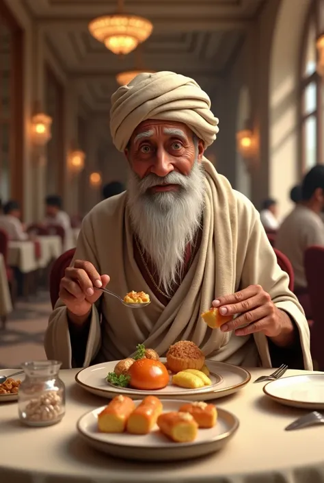 "A 3D animated digital illustration of an elderly Indian man dressed like a fakir (beggar), with simple, worn-out traditional clothing and a turban. He has a white beard and mustache and is sitting at a dining table in a luxurious 5-star hotel. The man loo...