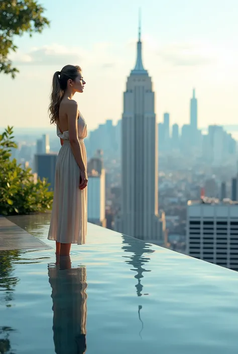 Girl by infinity pool over looking new yourk