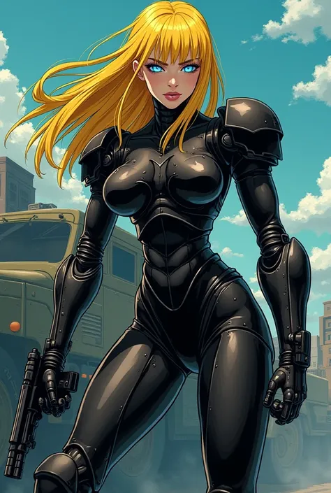 Anime retro 90’s style ghost
Ghost in the shell style yellow hair woman with blue eyes evil robotic human woman with gun barrels at her finger tips stand on a mech military truck looking very powerful and dangerous 