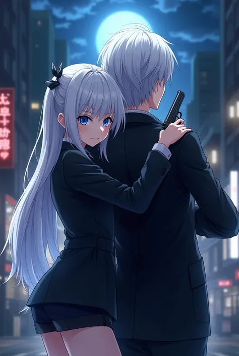 Anime pictures 2 .7 D BEAUTIFUL SHARP BACKGROUND BEAUTIFUL SPLASHES OF LIGHT SHINING WHITE LONG-HAIRED WOMEN WITH CUTE BEAUTIFUL HAIR CLIPPED ON HAIRPINS ON BLUE EYES WEARING A BLACK SUIT WEARING SHORTS, LEANING ON ONE ARM, HUGGING A MAN'S NECK, WHITE HAIR...