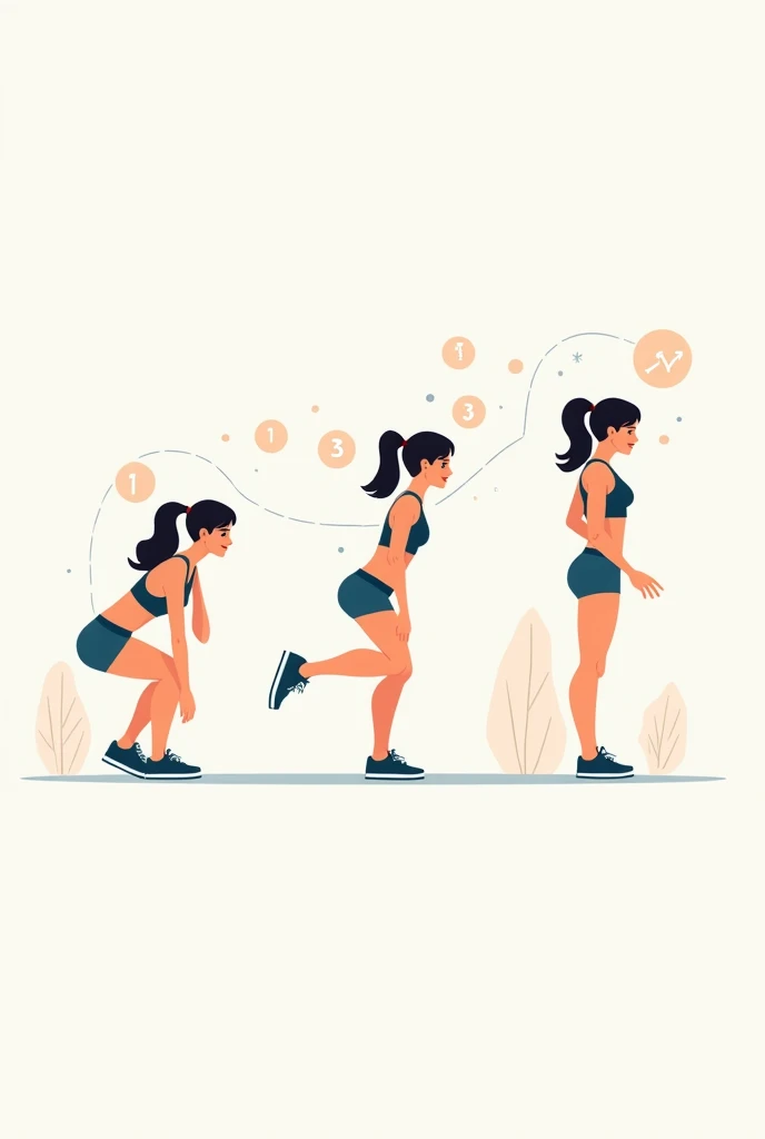 " An illustration of a woman at three different training moments ,  each reflecting an evolution of her exercises .  in the first image,  she is starting with basic exercises , like simple squats . On Monday,  she is incorporating more intensity ,  using e...