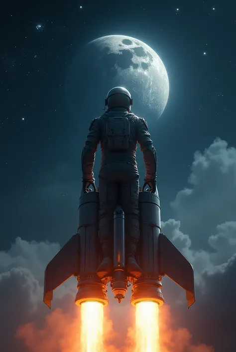 An astronaut riding his rocket contemplating the moon.