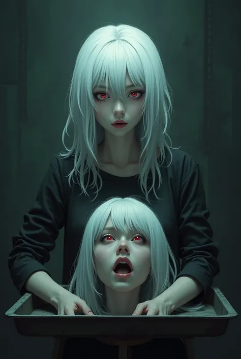 Recreate the image of an adult white-haired woman's head, who was decapitated and her head placed on a tray as an exhibition, your eyes are open just like your mouth, Showing dead expression already empty. The atmosphere is dark and gloomy,  realistic styl...