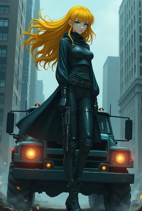 Anime retro 90’s style 
Ghost in the shell style yellow hair woman with blue eyes evil robotic human woman with gun barrels at her finger tips stand on a mech military truck looking very powerful and dangerous dark gloomy sinister looking 