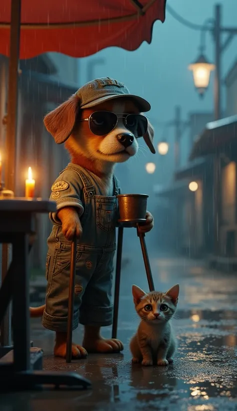 "A highly detailed and realistic 3D cinematic scene of a crippled (one-legged) puppy standing on a crutch under a small, tattered awning on a rainy night. The puppy, wearing sunglasses and visibly frail (missing one of his left hind legs), holds a small, r...