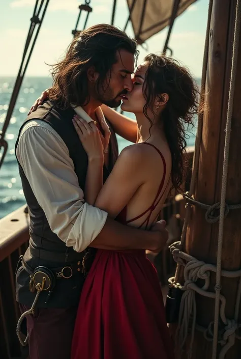 Handsome pirate captain with brown skin kissing a handsome white man who is his prisoner