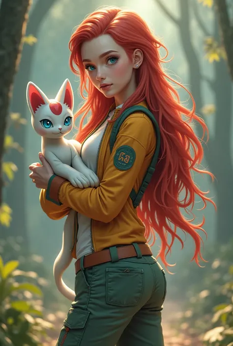 beautiful girl with long wavy red hair with cyan blue eyes wearing Pokémon trainer outfit ,holding mew ,Pokémon 