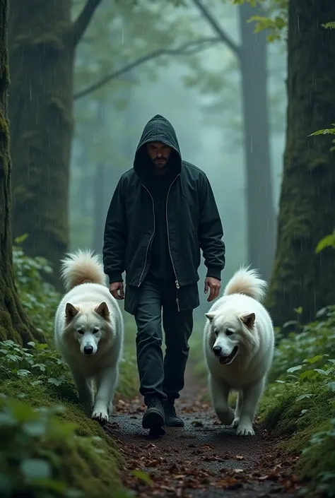 A man in a black hoodie walking in the rain in a large forest accompanied by two high-quality white leos 