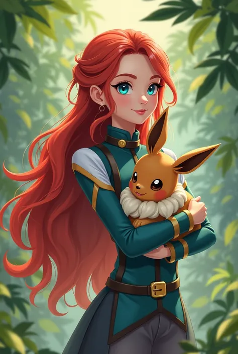 beautiful girl with long wavy red hair with cyan blue eyes wearing Pokémon trainer outfit ,holding eebee ,Pokémon 