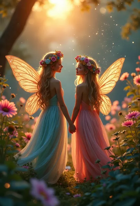 Warm Glow — A realistic photo of fairies observing you with details like glittery wings, flowy dresses, and colorful flowers in their hair. A beautiful vivid twilight.