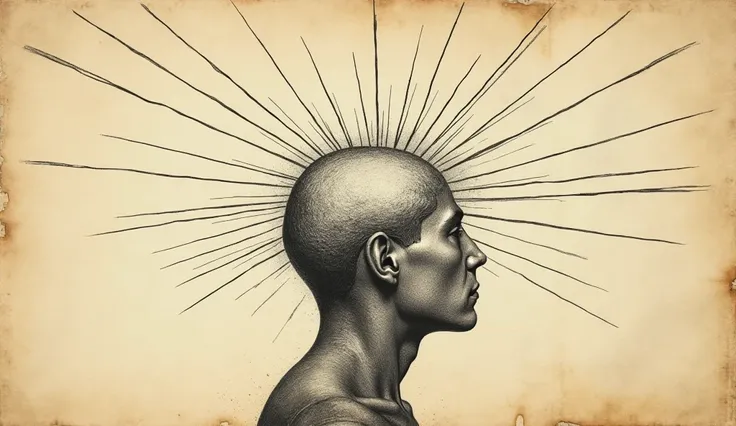 create for me a drawing of a human mind emitting rays, made in pencil on an aged paper background