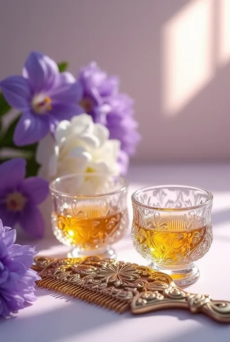 small glasses with oil, 4K, a beautiful comb, purple and white flowers