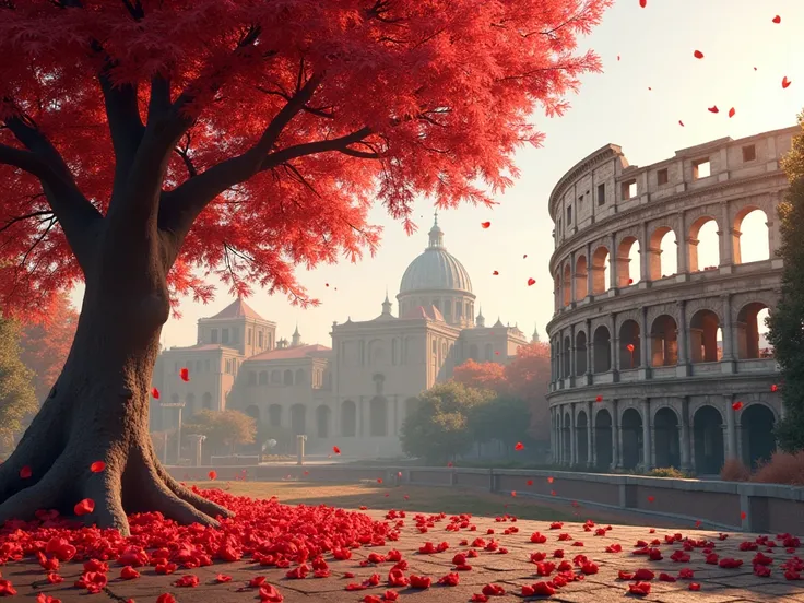 Make me a design that has the Roman Colosseum in the background but with a focus on Valentine's Day, tree with red leaves and rose petals without people