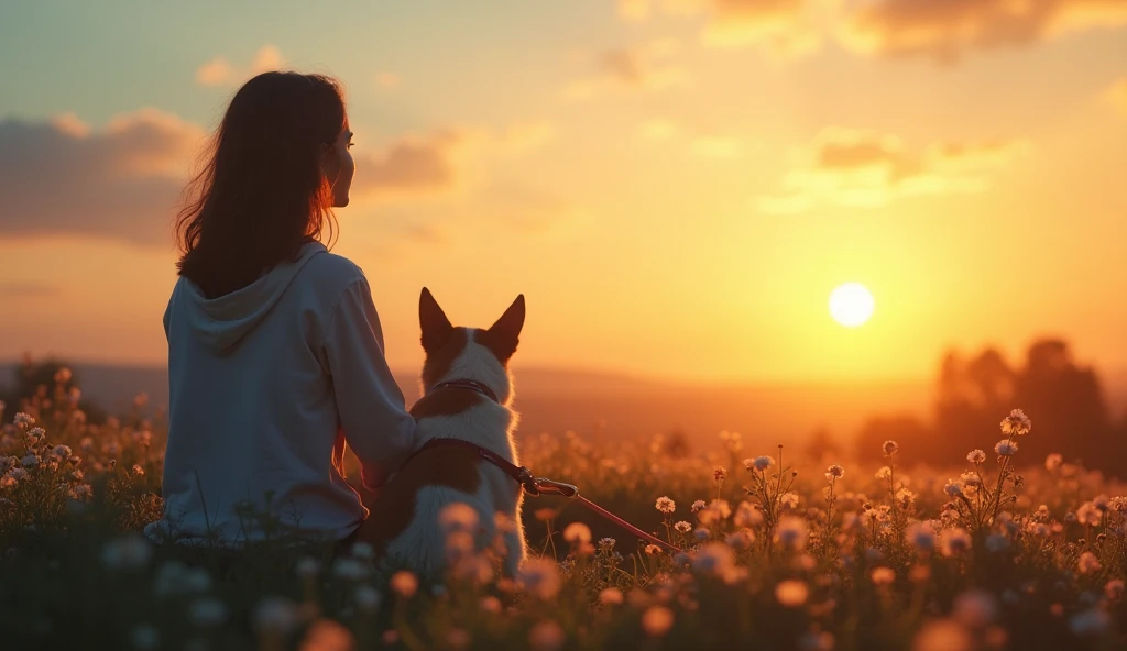  An emotionally welcoming scene of a peaceful sunset, with a single person sitting on a flowery field, holding a leash,  looking at the horizon with a nostalgic countenance . In the background,  a soft light in shades of gold and blue , symbolizing hope an...