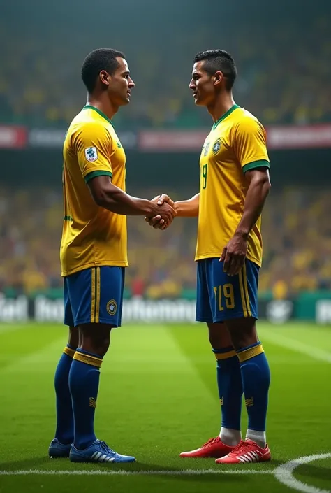 Roberto Carlos shakes hands with Ronaldo