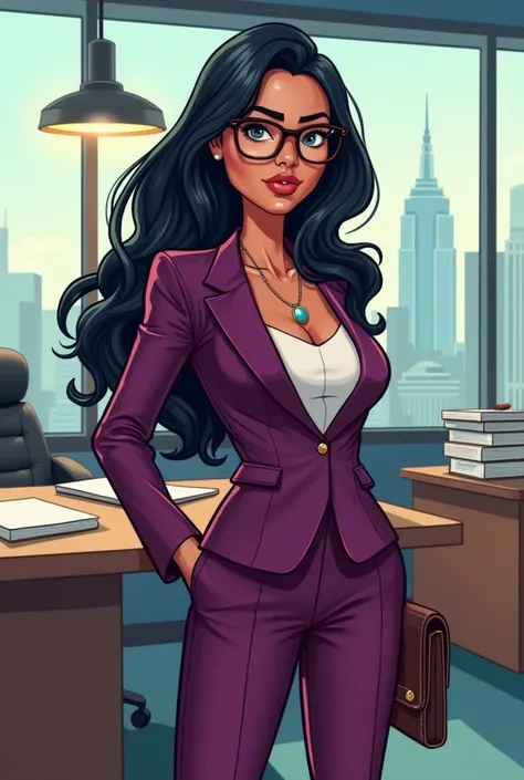  Female lawyer with glasses and long black hair with a slightly dark skin tone, And let it be a cartoon  