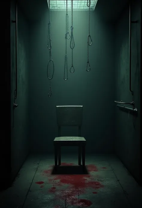 "A horrifying scene of a dark room with a single chair, chains hanging from the walls, and blood on the floor."