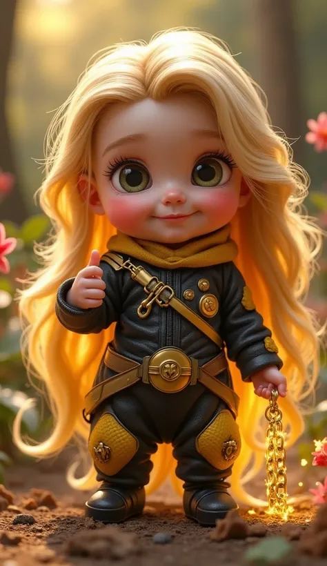 Create a hyper-realistic and ultra-detailed image of a baby superhero that combines the key characteristics of Rapunzel and Scorpion. The baby wears a soft, padded black-and-yellow onesie inspired by Scorpion’s ninja armor, with golden accents and floral p...