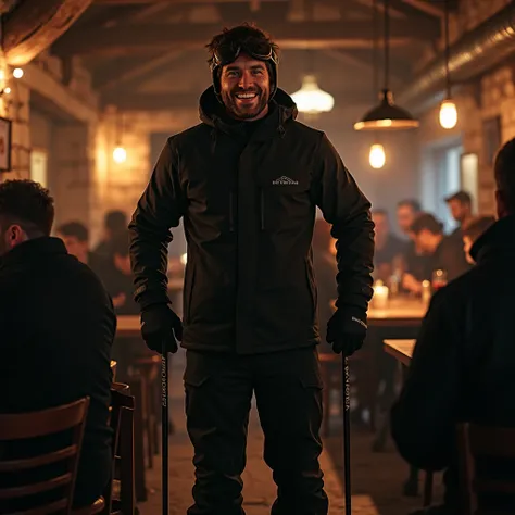 A male skier dressed all in black with a big smile in a tavern 