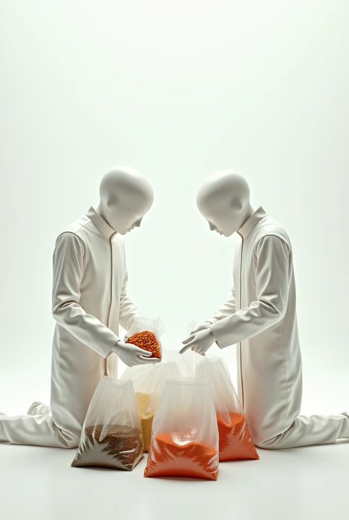 White computer men without a face pack spices in transparent bags