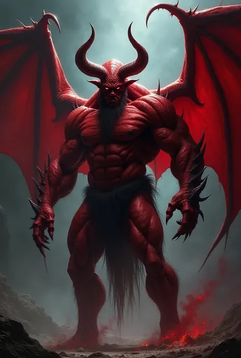 A tall red like figure with sharp horns and big red wings